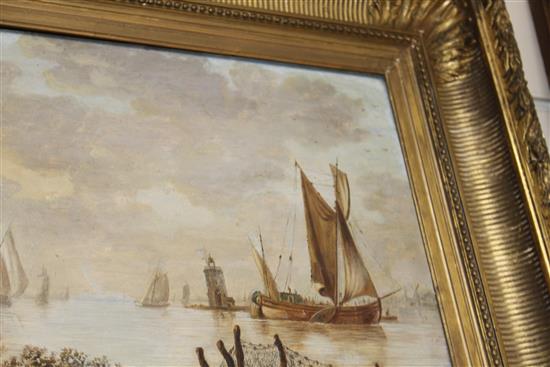 Late 19th century Flemish School, oil on wooden panel, Shipping along the coast, 26 x 36cm